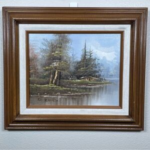 Vintage Original Framed Oil Painting Cabin In The Woods on a Lake Nature Canvas